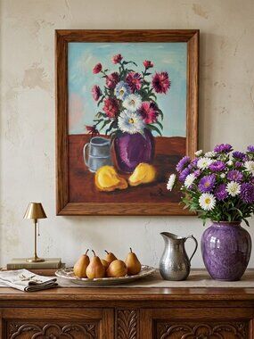 Vintage Signed D. Genereux Floral Still Life – Framed Oil on Canvas